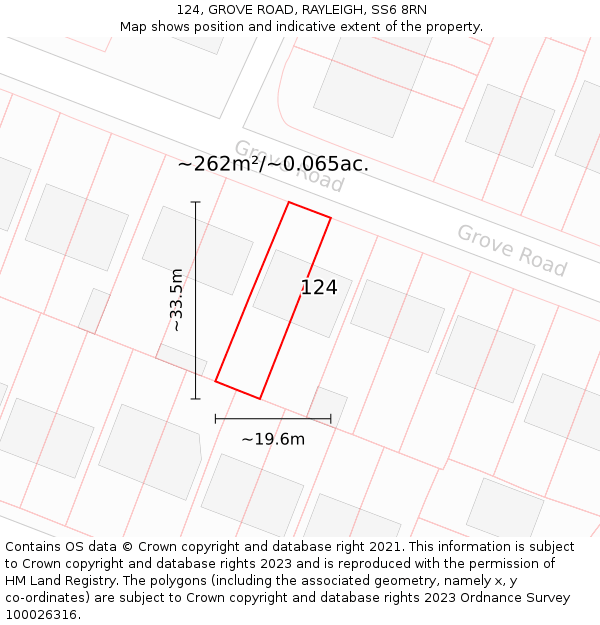 124, GROVE ROAD, RAYLEIGH, SS6 8RN: Plot and title map