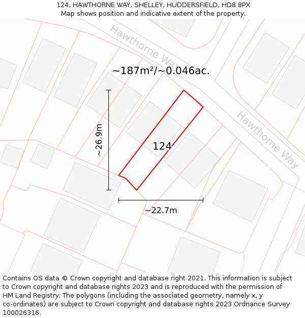 124, HAWTHORNE WAY, SHELLEY, HUDDERSFIELD, HD8 8PX: Plot and title map