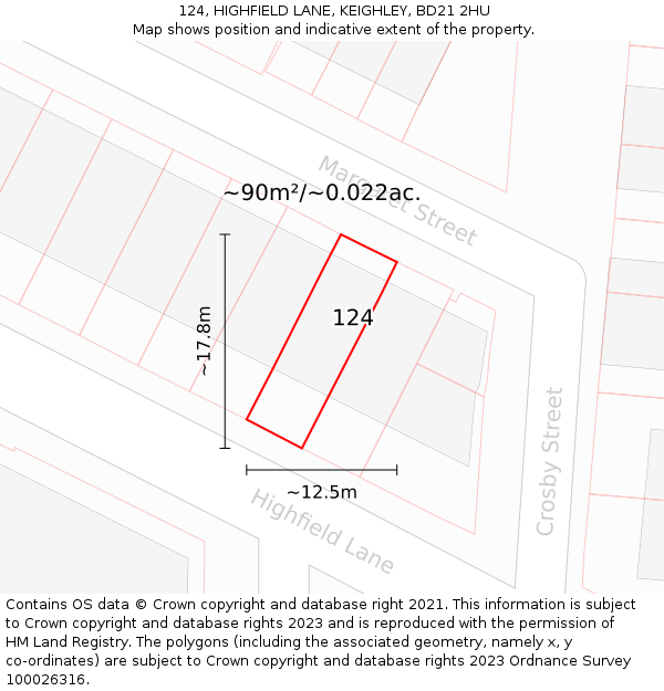 124, HIGHFIELD LANE, KEIGHLEY, BD21 2HU: Plot and title map