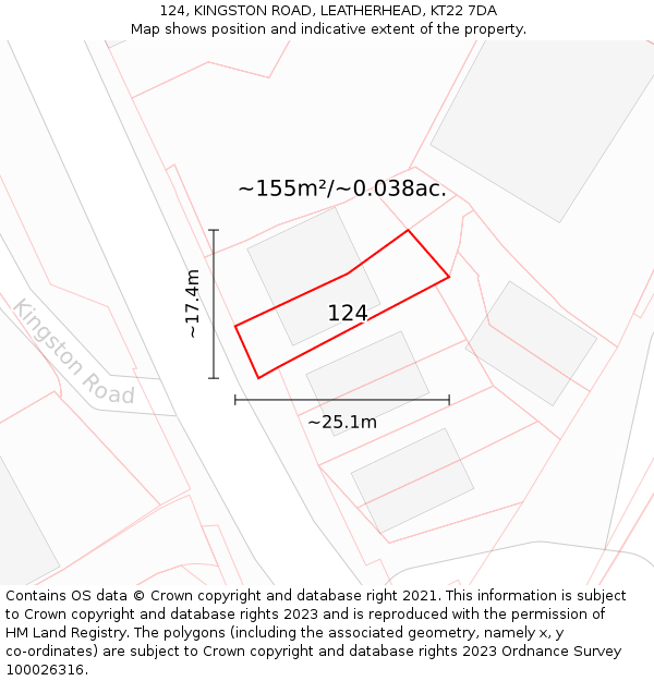 124, KINGSTON ROAD, LEATHERHEAD, KT22 7DA: Plot and title map