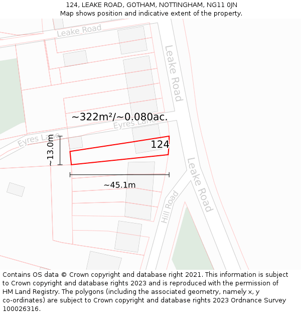 124, LEAKE ROAD, GOTHAM, NOTTINGHAM, NG11 0JN: Plot and title map