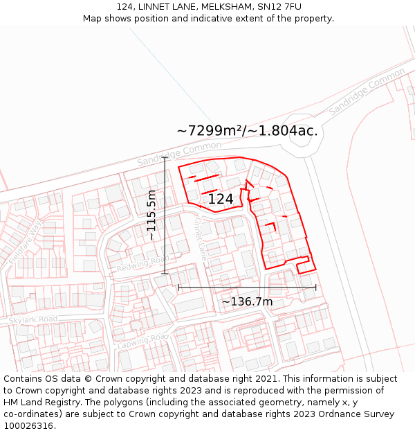 124, LINNET LANE, MELKSHAM, SN12 7FU: Plot and title map