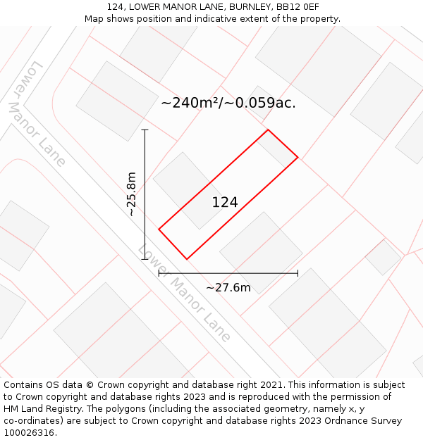 124, LOWER MANOR LANE, BURNLEY, BB12 0EF: Plot and title map