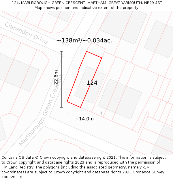 124, MARLBOROUGH GREEN CRESCENT, MARTHAM, GREAT YARMOUTH, NR29 4ST: Plot and title map