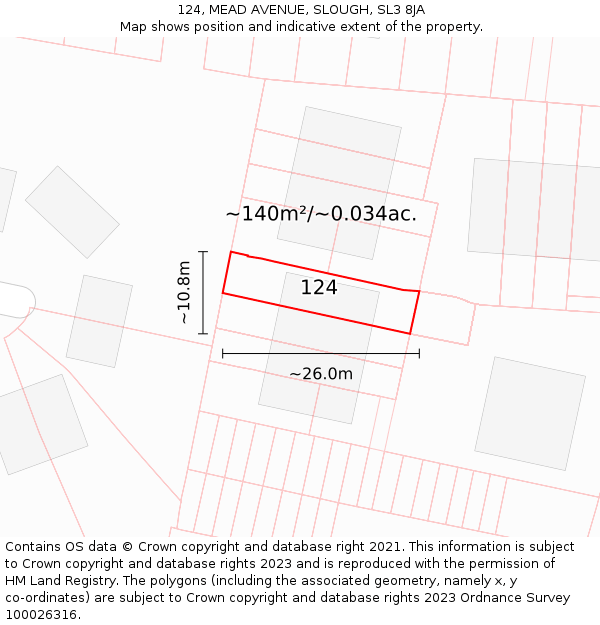 124, MEAD AVENUE, SLOUGH, SL3 8JA: Plot and title map