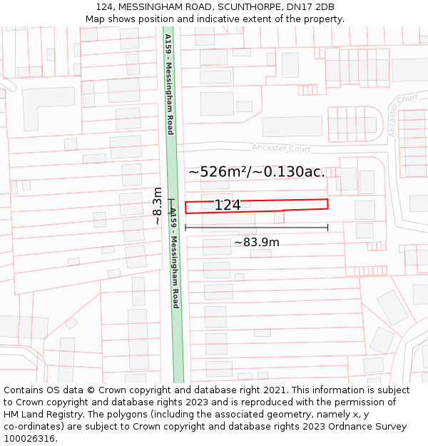 124, MESSINGHAM ROAD, SCUNTHORPE, DN17 2DB: Plot and title map