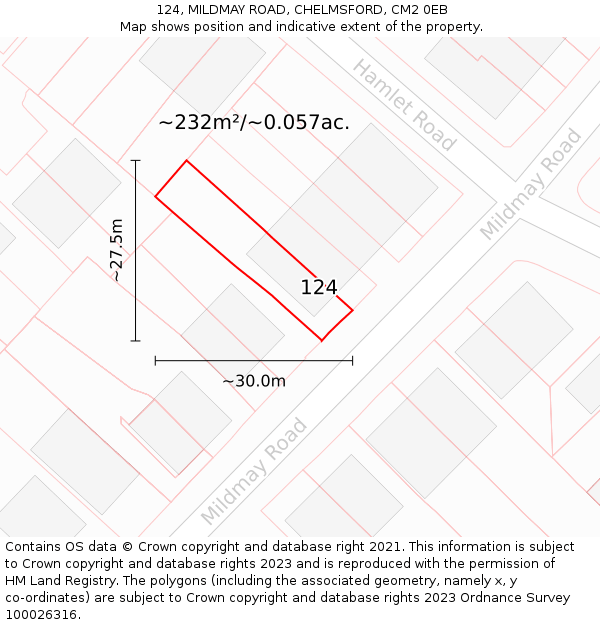 124, MILDMAY ROAD, CHELMSFORD, CM2 0EB: Plot and title map