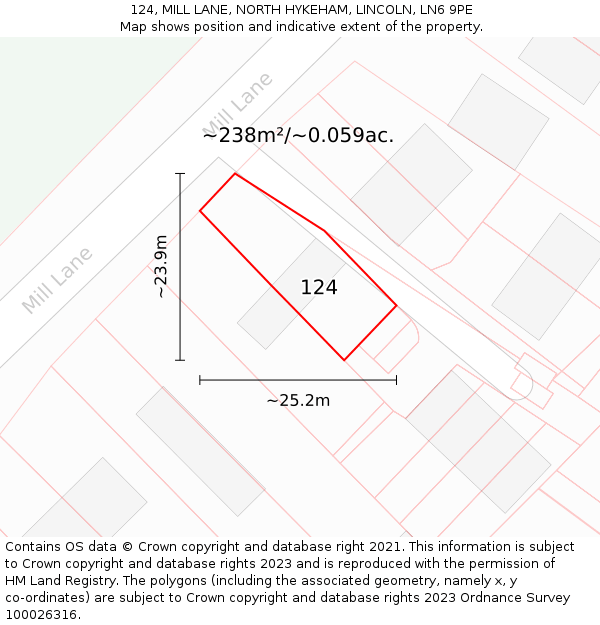 124, MILL LANE, NORTH HYKEHAM, LINCOLN, LN6 9PE: Plot and title map