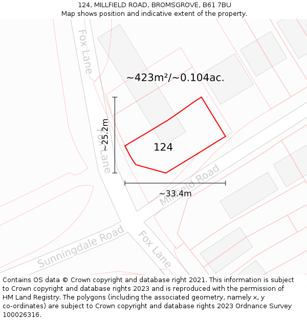 124, MILLFIELD ROAD, BROMSGROVE, B61 7BU: Plot and title map