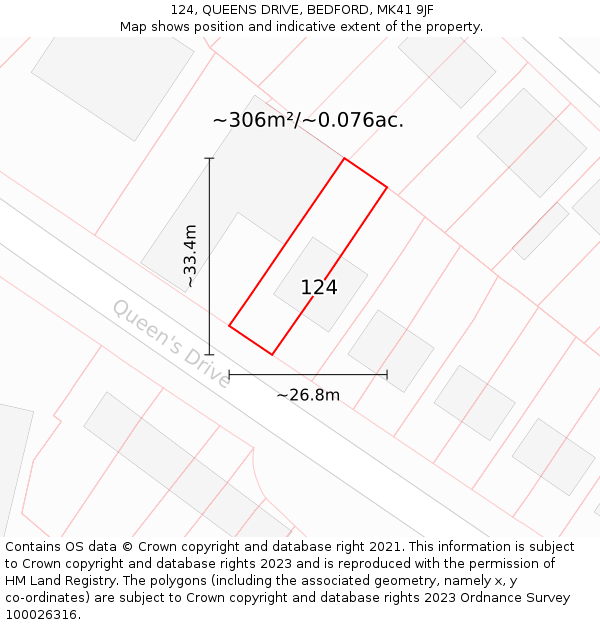 124, QUEENS DRIVE, BEDFORD, MK41 9JF: Plot and title map