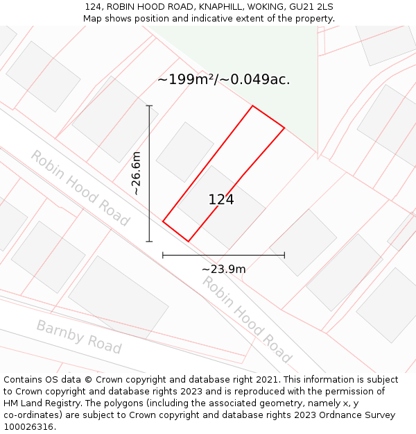 124, ROBIN HOOD ROAD, KNAPHILL, WOKING, GU21 2LS: Plot and title map