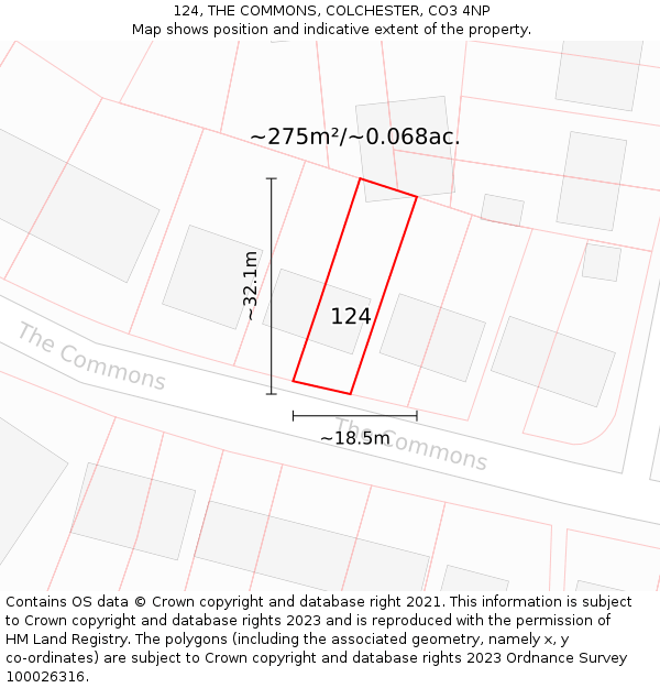 124, THE COMMONS, COLCHESTER, CO3 4NP: Plot and title map