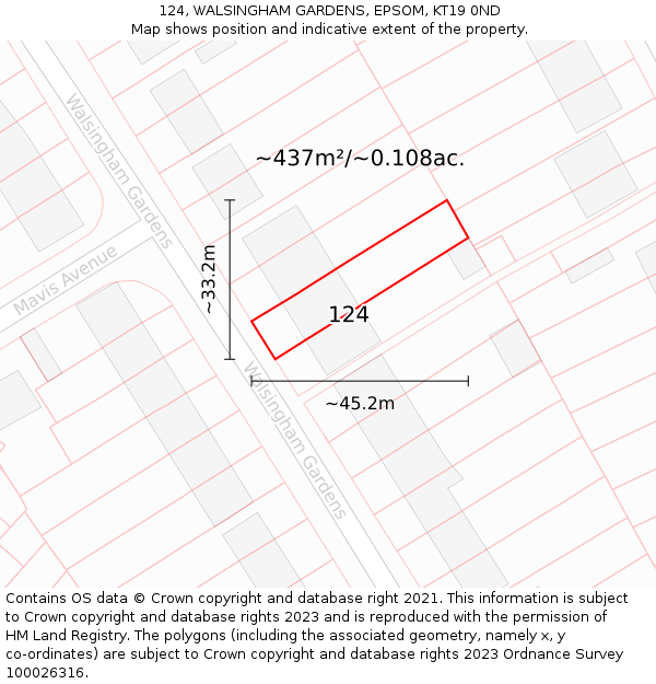 124, WALSINGHAM GARDENS, EPSOM, KT19 0ND: Plot and title map