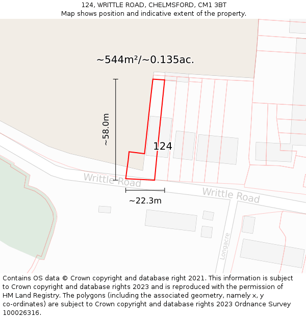 124, WRITTLE ROAD, CHELMSFORD, CM1 3BT: Plot and title map