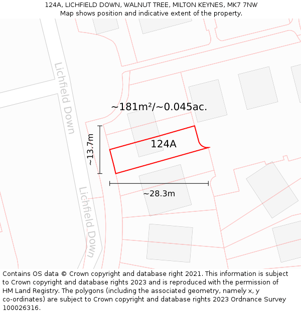 124A, LICHFIELD DOWN, WALNUT TREE, MILTON KEYNES, MK7 7NW: Plot and title map