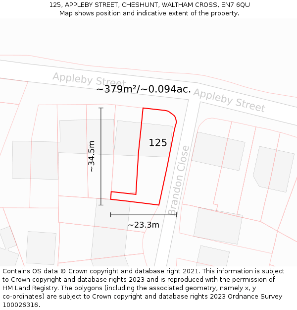 125, APPLEBY STREET, CHESHUNT, WALTHAM CROSS, EN7 6QU: Plot and title map