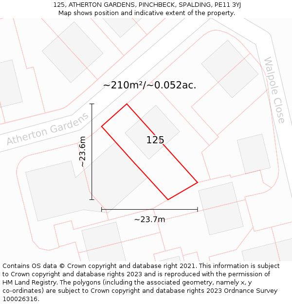 125, ATHERTON GARDENS, PINCHBECK, SPALDING, PE11 3YJ: Plot and title map