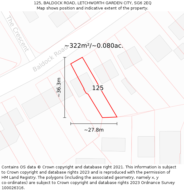 125, BALDOCK ROAD, LETCHWORTH GARDEN CITY, SG6 2EQ: Plot and title map