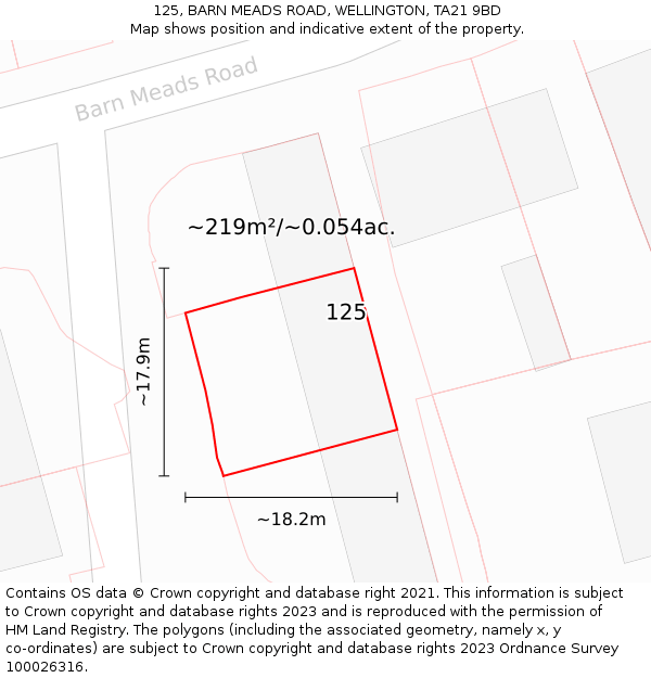 125, BARN MEADS ROAD, WELLINGTON, TA21 9BD: Plot and title map