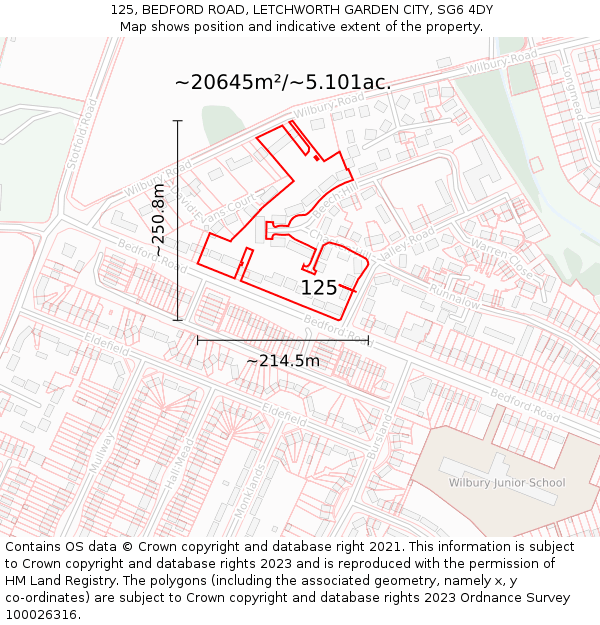 125, BEDFORD ROAD, LETCHWORTH GARDEN CITY, SG6 4DY: Plot and title map