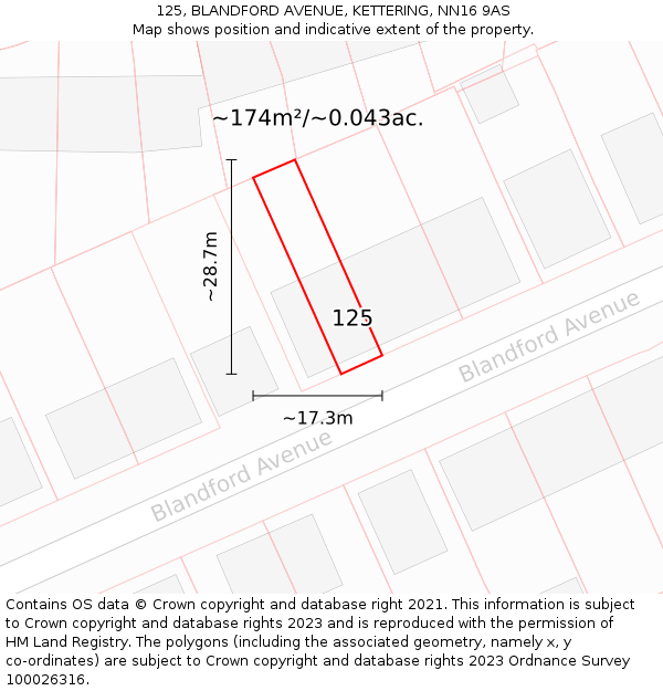 125, BLANDFORD AVENUE, KETTERING, NN16 9AS: Plot and title map