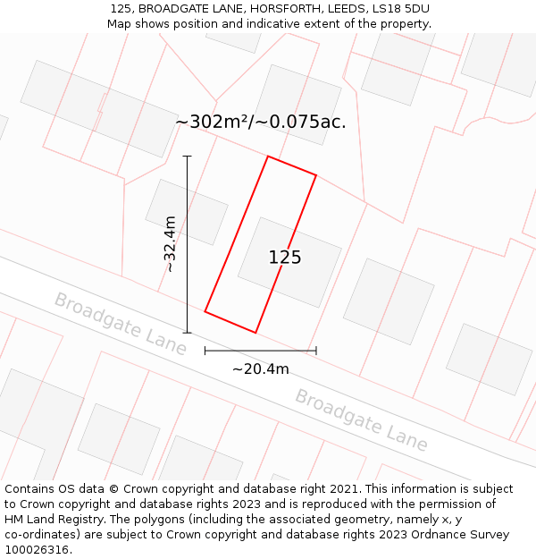 125, BROADGATE LANE, HORSFORTH, LEEDS, LS18 5DU: Plot and title map