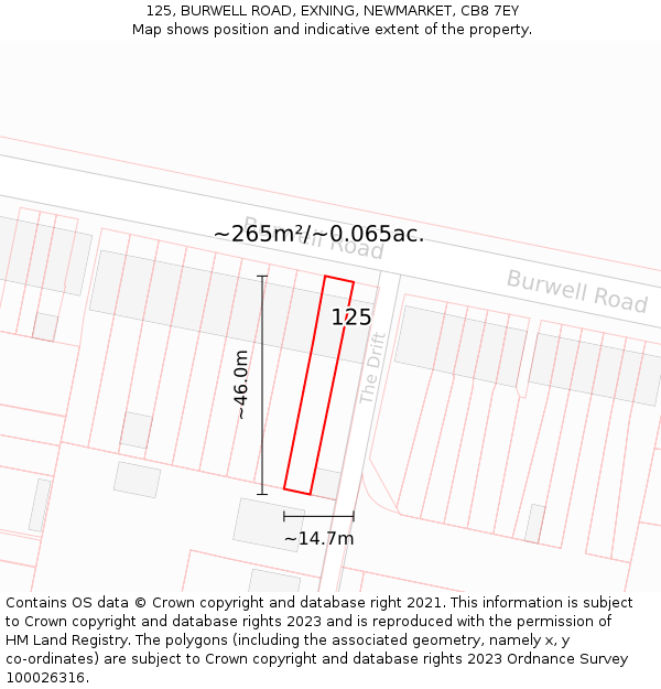 125, BURWELL ROAD, EXNING, NEWMARKET, CB8 7EY: Plot and title map