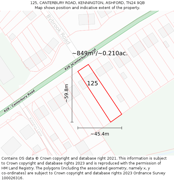 125, CANTERBURY ROAD, KENNINGTON, ASHFORD, TN24 9QB: Plot and title map