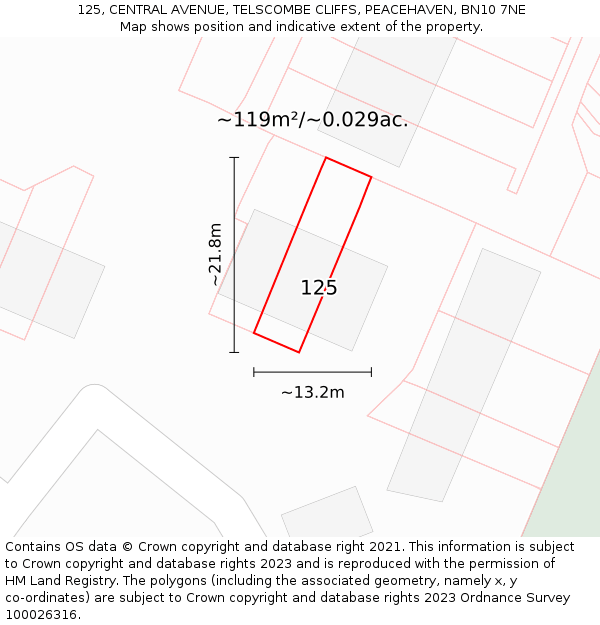 125, CENTRAL AVENUE, TELSCOMBE CLIFFS, PEACEHAVEN, BN10 7NE: Plot and title map