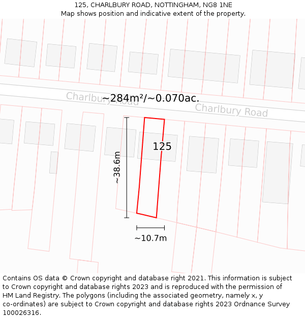 125, CHARLBURY ROAD, NOTTINGHAM, NG8 1NE: Plot and title map