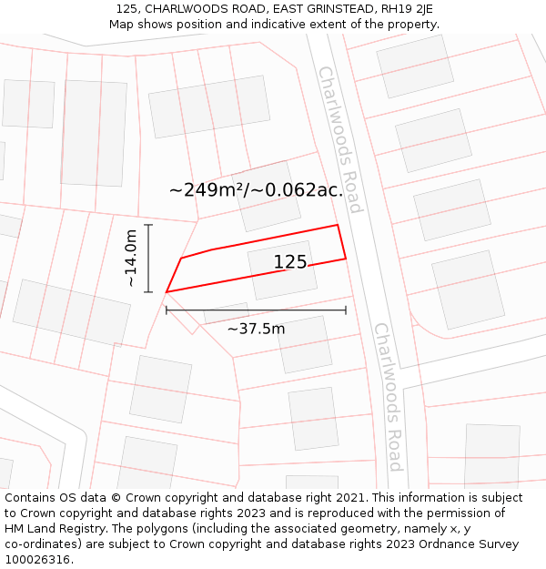 125, CHARLWOODS ROAD, EAST GRINSTEAD, RH19 2JE: Plot and title map