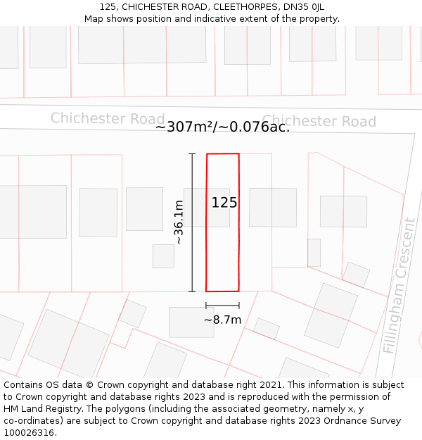 125, CHICHESTER ROAD, CLEETHORPES, DN35 0JL: Plot and title map