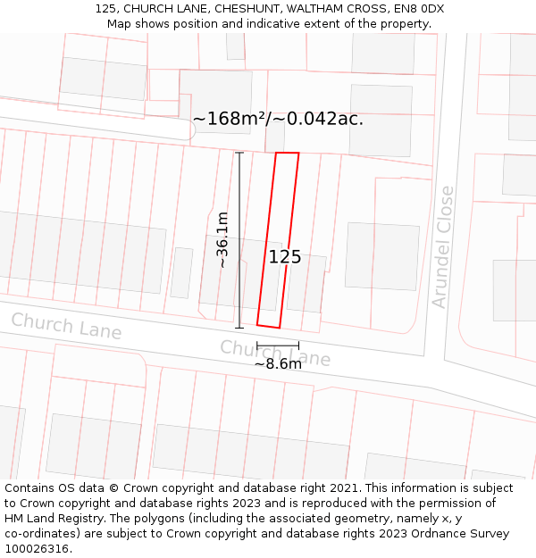 125, CHURCH LANE, CHESHUNT, WALTHAM CROSS, EN8 0DX: Plot and title map