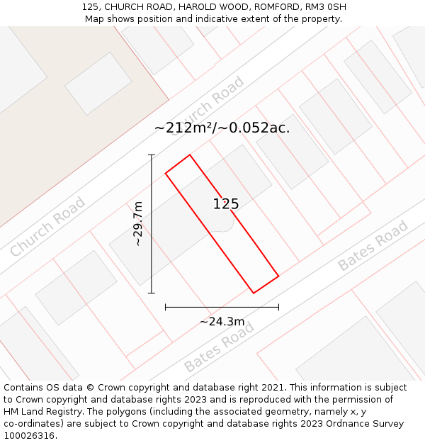 125, CHURCH ROAD, HAROLD WOOD, ROMFORD, RM3 0SH: Plot and title map