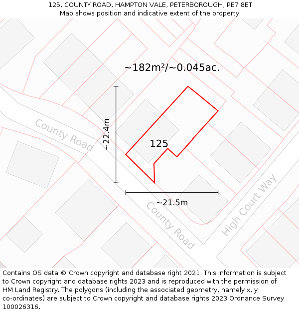 125, COUNTY ROAD, HAMPTON VALE, PETERBOROUGH, PE7 8ET: Plot and title map