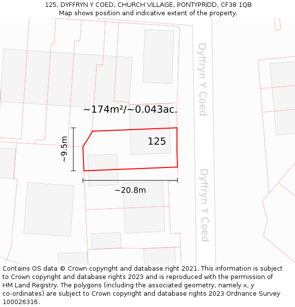 125, DYFFRYN Y COED, CHURCH VILLAGE, PONTYPRIDD, CF38 1QB: Plot and title map