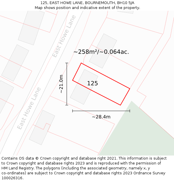 125, EAST HOWE LANE, BOURNEMOUTH, BH10 5JA: Plot and title map