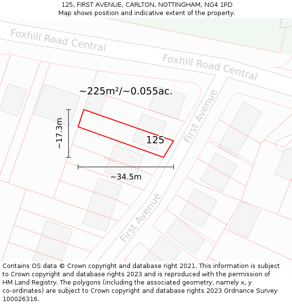 125, FIRST AVENUE, CARLTON, NOTTINGHAM, NG4 1PD: Plot and title map