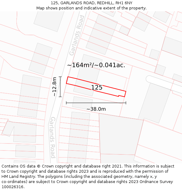 125, GARLANDS ROAD, REDHILL, RH1 6NY: Plot and title map