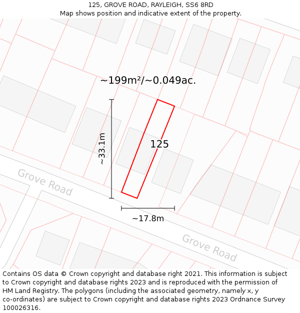 125, GROVE ROAD, RAYLEIGH, SS6 8RD: Plot and title map