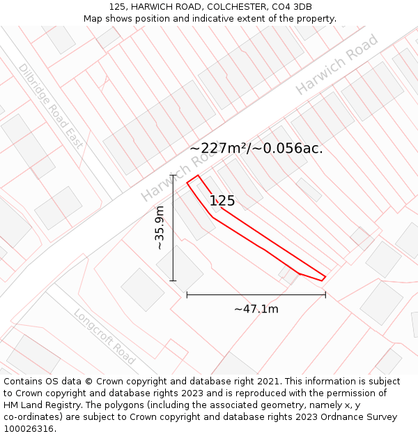 125, HARWICH ROAD, COLCHESTER, CO4 3DB: Plot and title map