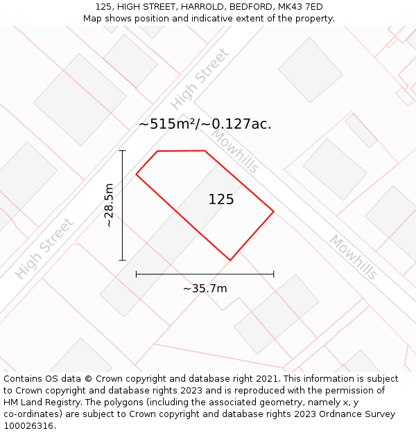 125, HIGH STREET, HARROLD, BEDFORD, MK43 7ED: Plot and title map