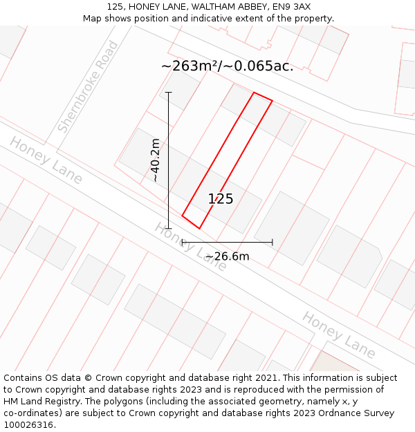 125, HONEY LANE, WALTHAM ABBEY, EN9 3AX: Plot and title map