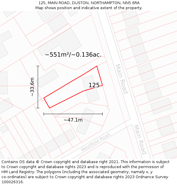 125, MAIN ROAD, DUSTON, NORTHAMPTON, NN5 6RA: Plot and title map