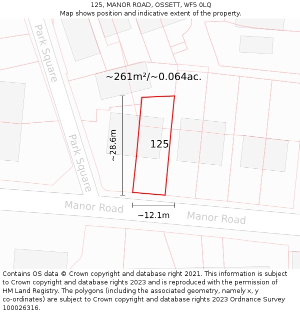 125, MANOR ROAD, OSSETT, WF5 0LQ: Plot and title map