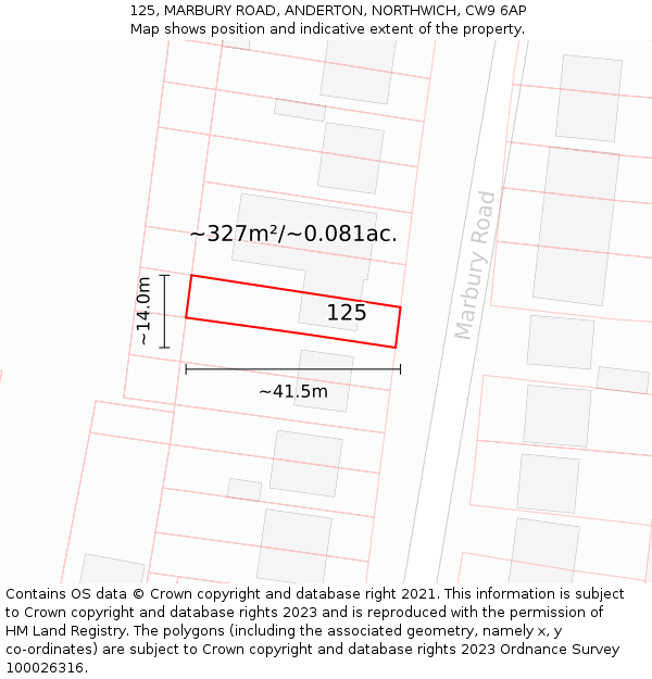 125, MARBURY ROAD, ANDERTON, NORTHWICH, CW9 6AP: Plot and title map