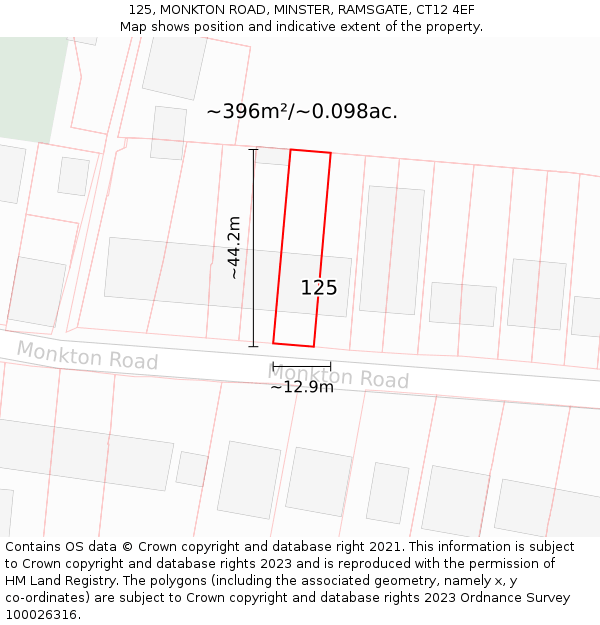 125, MONKTON ROAD, MINSTER, RAMSGATE, CT12 4EF: Plot and title map