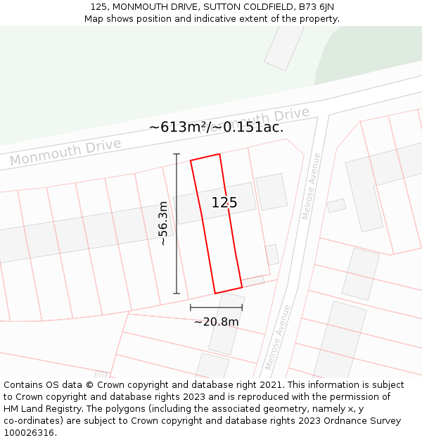 125, MONMOUTH DRIVE, SUTTON COLDFIELD, B73 6JN: Plot and title map