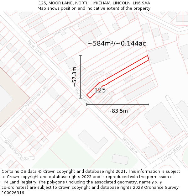 125, MOOR LANE, NORTH HYKEHAM, LINCOLN, LN6 9AA: Plot and title map