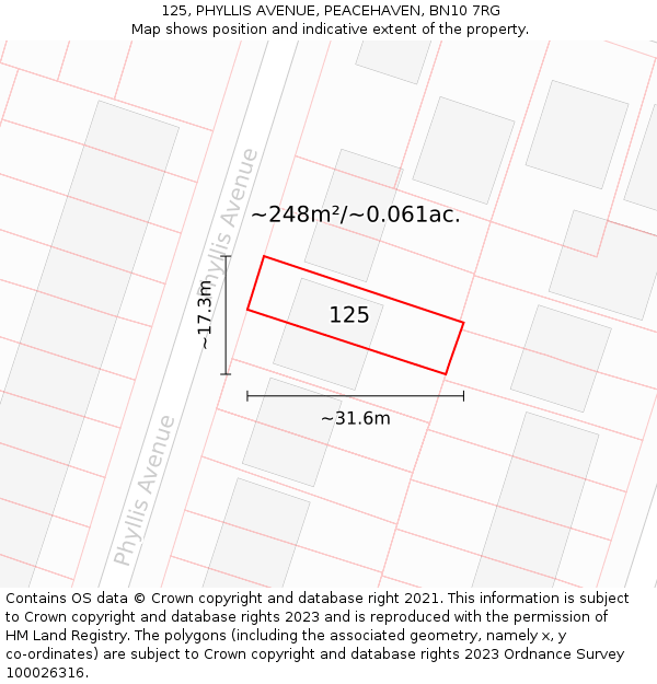 125, PHYLLIS AVENUE, PEACEHAVEN, BN10 7RG: Plot and title map